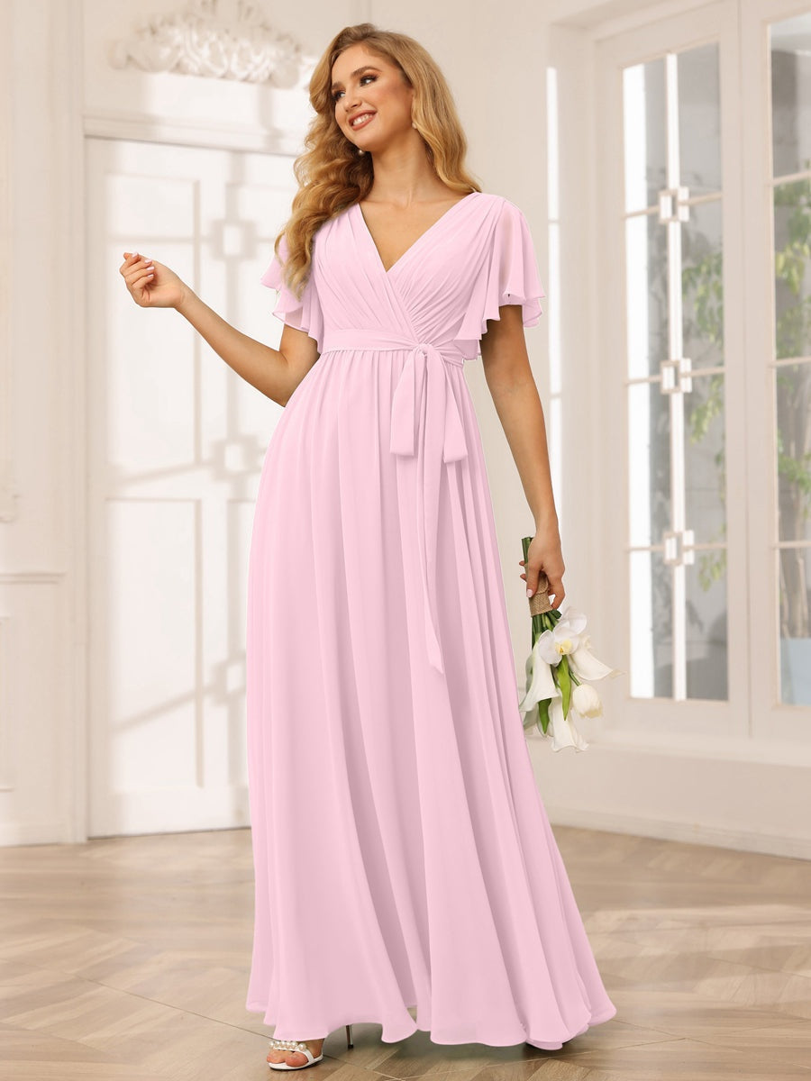 V-Neck A-Line Floor-Length Bridesmaid Dress with Sash and Short Sleeves