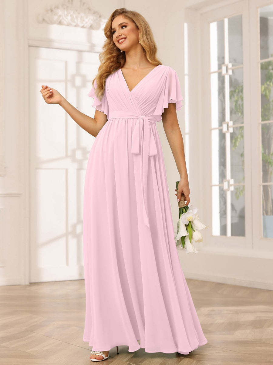 V-Neck A-Line Floor-Length Bridesmaid Dress with Sash and Short Sleeves