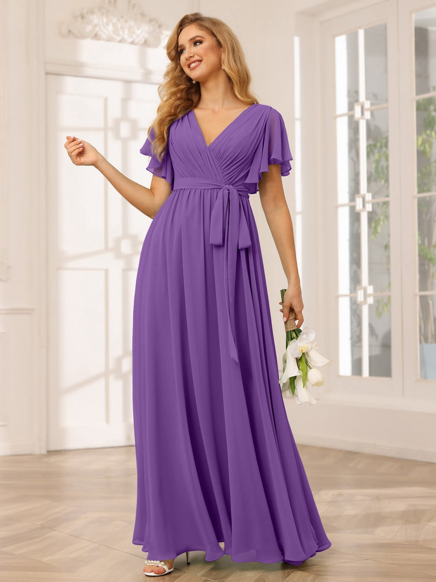 V-Neck A-Line Floor-Length Bridesmaid Dress with Sash and Short Sleeves