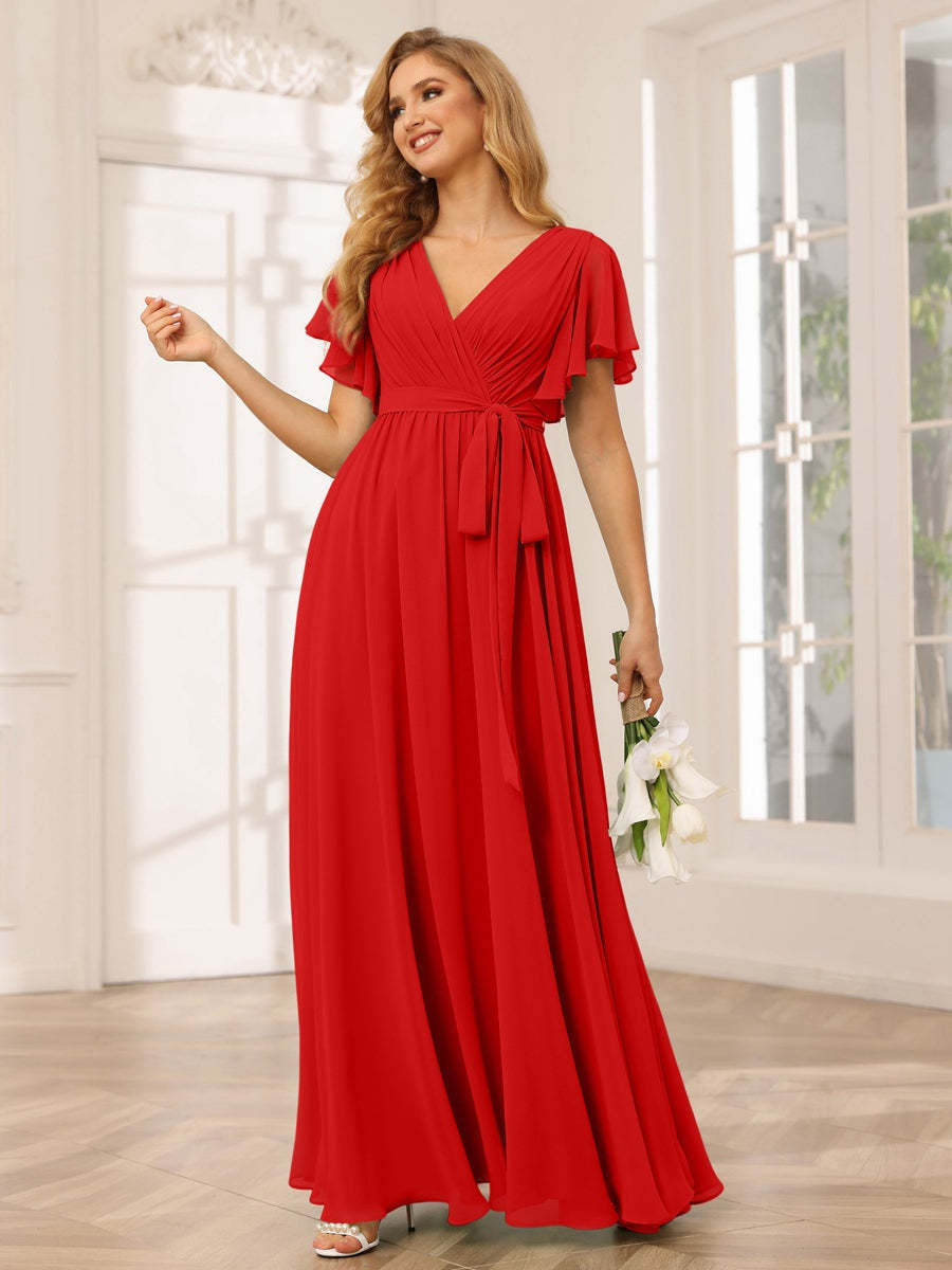 V-Neck A-Line Floor-Length Bridesmaid Dress with Sash and Short Sleeves