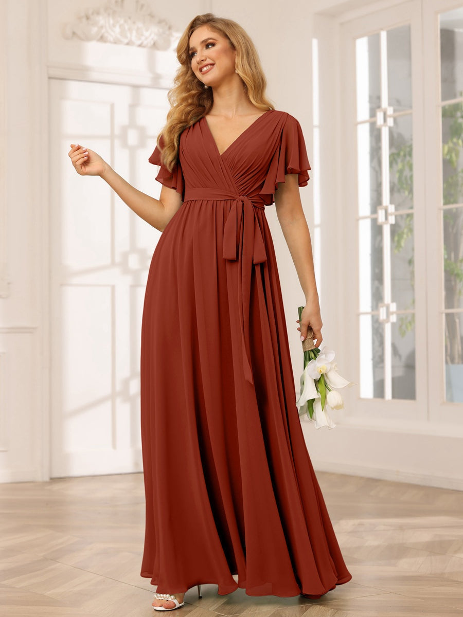 V-Neck A-Line Floor-Length Bridesmaid Dress with Sash and Short Sleeves