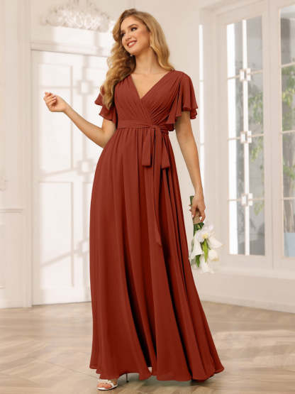 V-Neck A-Line Floor-Length Bridesmaid Dress with Sash and Short Sleeves