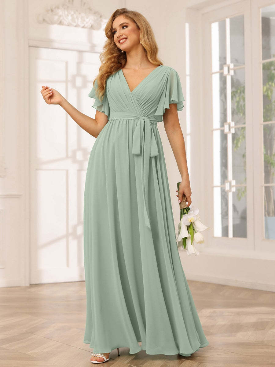V-Neck A-Line Floor-Length Bridesmaid Dress with Sash and Short Sleeves
