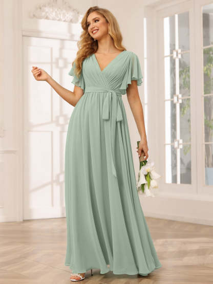 V-Neck A-Line Floor-Length Bridesmaid Dress with Sash and Short Sleeves