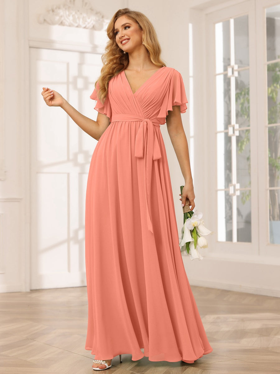 V-Neck A-Line Floor-Length Bridesmaid Dress with Sash and Short Sleeves