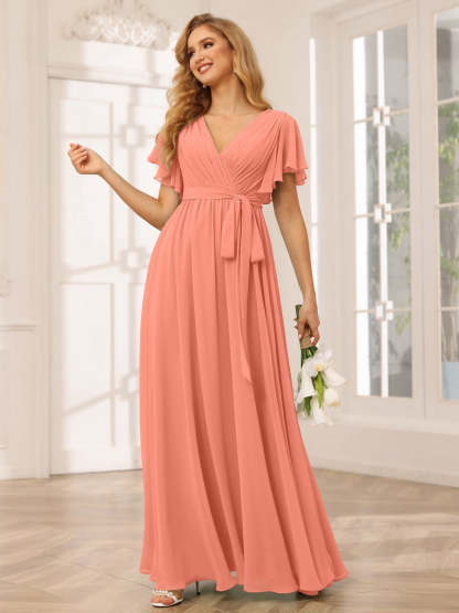 V-Neck A-Line Floor-Length Bridesmaid Dress with Sash and Short Sleeves