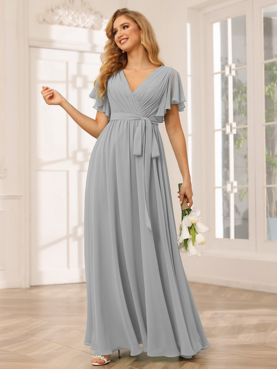 V-Neck A-Line Floor-Length Bridesmaid Dress with Sash and Short Sleeves