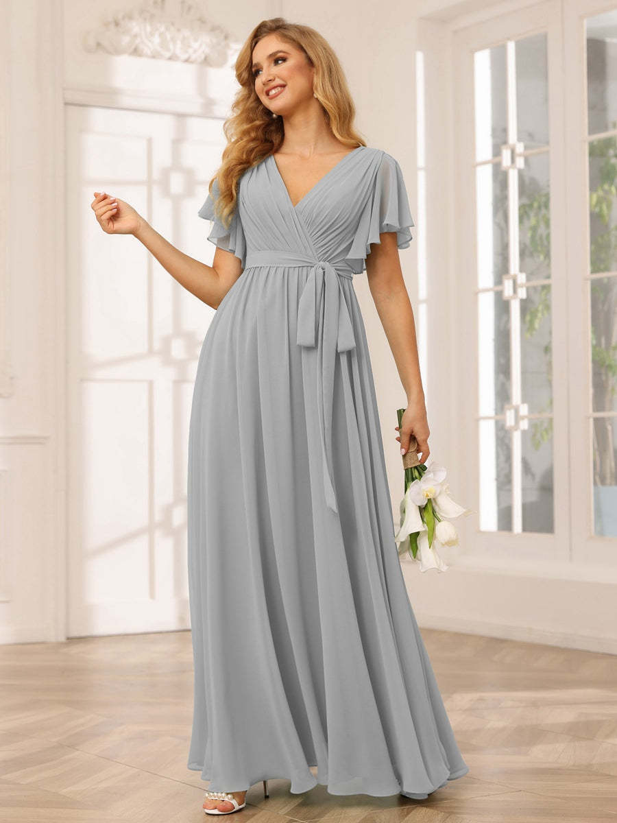 V-Neck A-Line Floor-Length Bridesmaid Dress with Sash and Short Sleeves