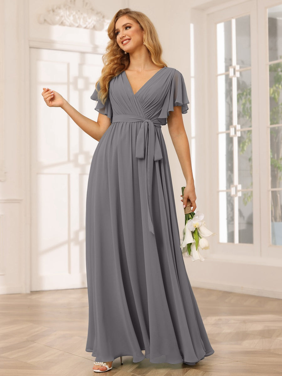 V-Neck A-Line Floor-Length Bridesmaid Dress with Sash and Short Sleeves