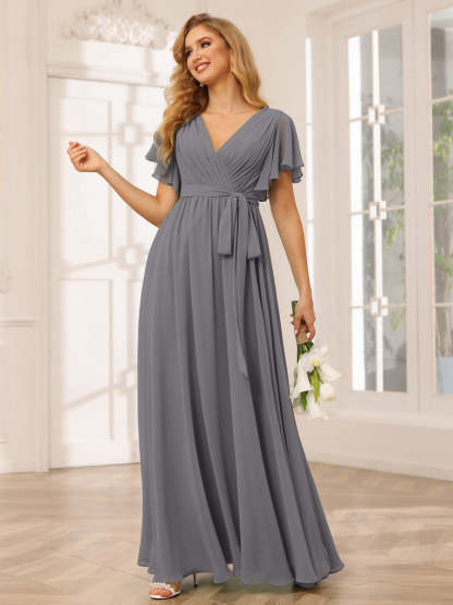 V-Neck A-Line Floor-Length Bridesmaid Dress with Sash and Short Sleeves