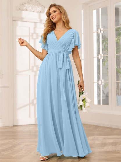 V-Neck A-Line Floor-Length Bridesmaid Dress with Sash and Short Sleeves