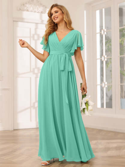 V-Neck A-Line Floor-Length Bridesmaid Dress with Sash and Short Sleeves