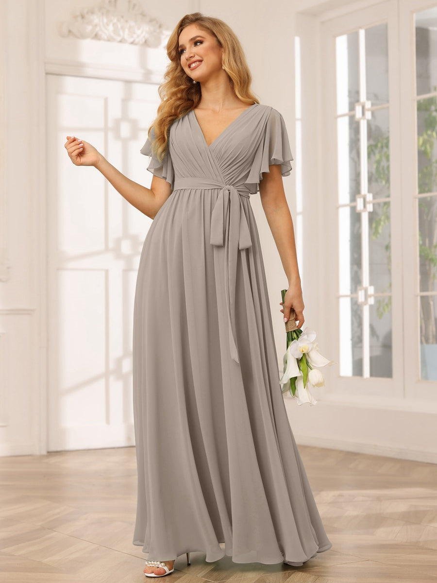 V-Neck A-Line Floor-Length Bridesmaid Dress with Sash and Short Sleeves