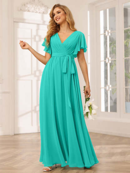 V-Neck A-Line Floor-Length Bridesmaid Dress with Sash and Short Sleeves