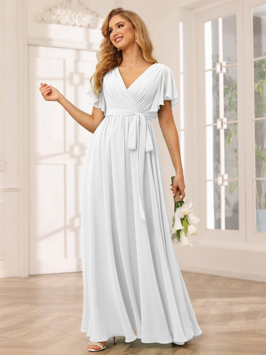 V-Neck A-Line Floor-Length Bridesmaid Dress with Sash and Short Sleeves