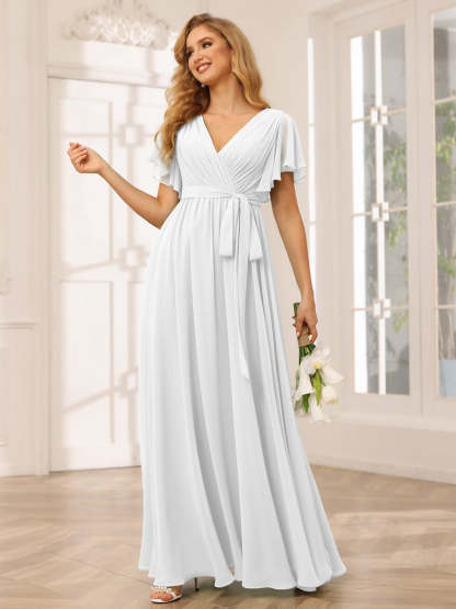 V-Neck A-Line Floor-Length Bridesmaid Dress with Sash and Short Sleeves
