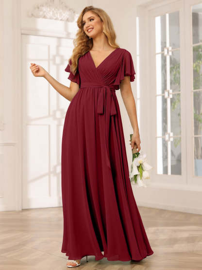 V-Neck A-Line Floor-Length Bridesmaid Dress with Sash and Short Sleeves