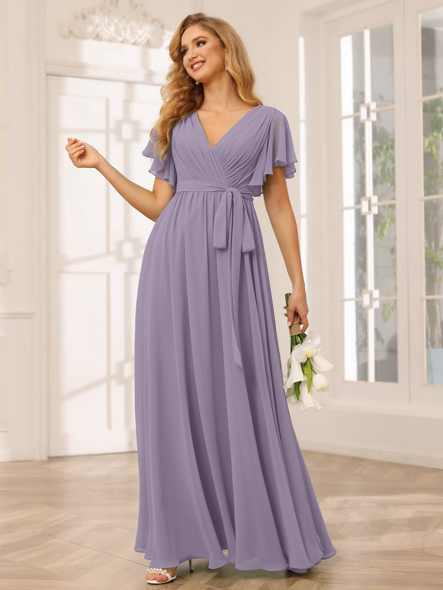 V-Neck A-Line Floor-Length Bridesmaid Dress with Sash and Short Sleeves