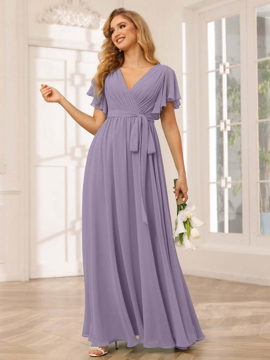 V-Neck A-Line Floor-Length Bridesmaid Dress with Sash and Short Sleeves
