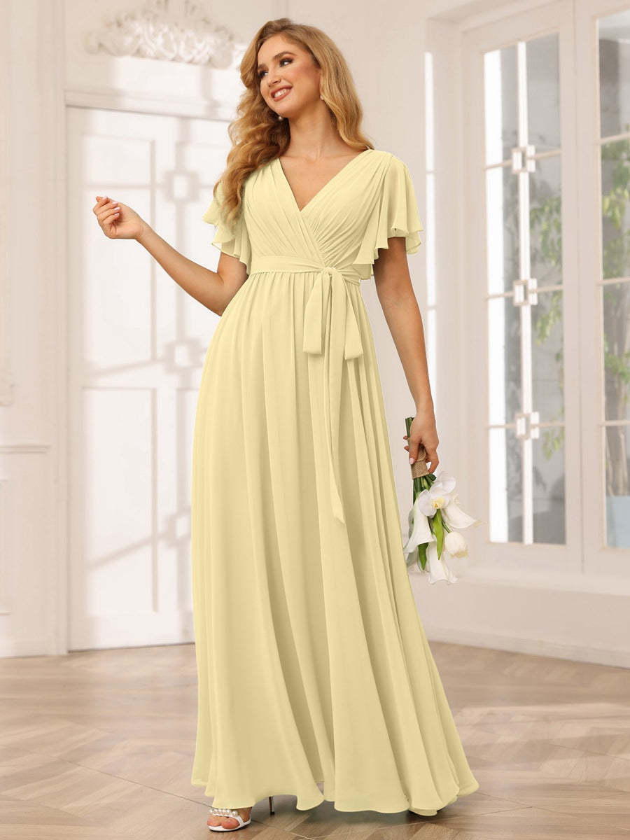 V-Neck A-Line Floor-Length Bridesmaid Dress with Sash and Short Sleeves
