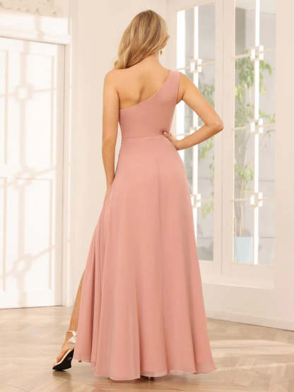 One-Shoulder Sleeveless A-Line Princess Floor-Length Bridesmaid Dress with Side Split & Ruffles