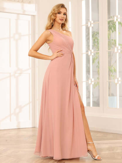 One-Shoulder Sleeveless A-Line Princess Floor-Length Bridesmaid Dress with Side Split & Ruffles