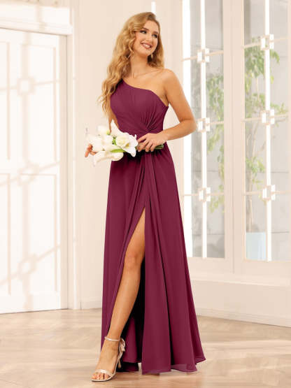 One-Shoulder Sleeveless A-Line Princess Floor-Length Bridesmaid Dress with Side Split & Ruffles