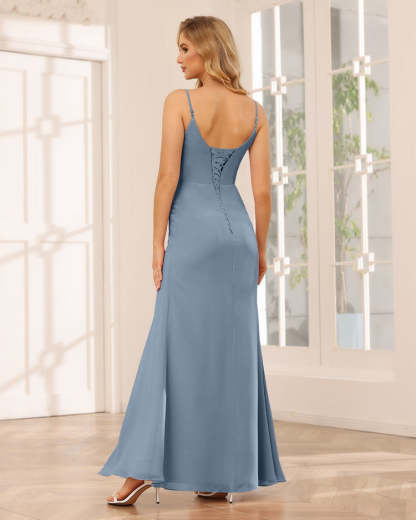 Spaghetti Strap Sleeveless Floor-Length Bridesmaid Dress with Side Split and Ruffled Sheath/Column Design-BMbridal.UK
