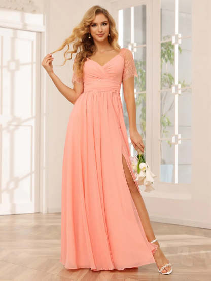 Princess A-Line Floor-length Bridesmaid Dresses with V-Neck and Short Sleeves, Side Split