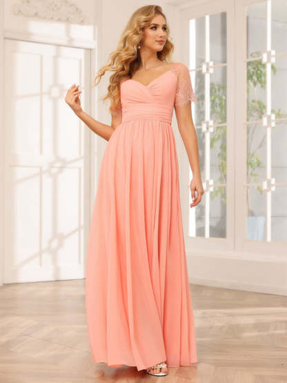 Princess A-Line Floor-length Bridesmaid Dresses with V-Neck and Short Sleeves, Side Split