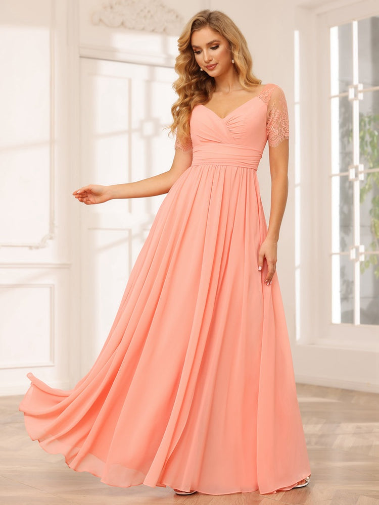 Princess A-Line Floor-length Bridesmaid Dresses with V-Neck and Short Sleeves, Side Split
