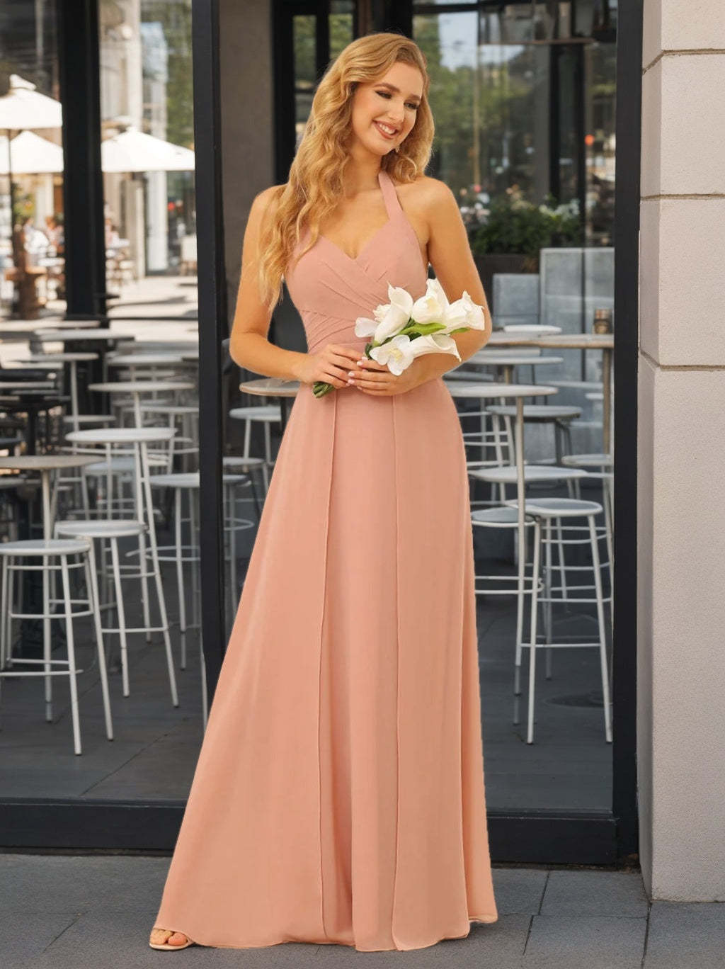 Floor-Length Halter Bridesmaid Dresses with Side Split in A-Line/Princess Style