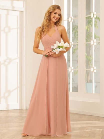 Floor-Length Halter Bridesmaid Dresses with Side Split in A-Line/Princess Style