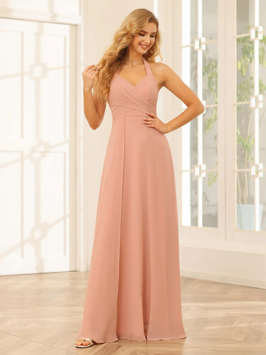 Floor-Length Halter Bridesmaid Dresses with Side Split in A-Line/Princess Style