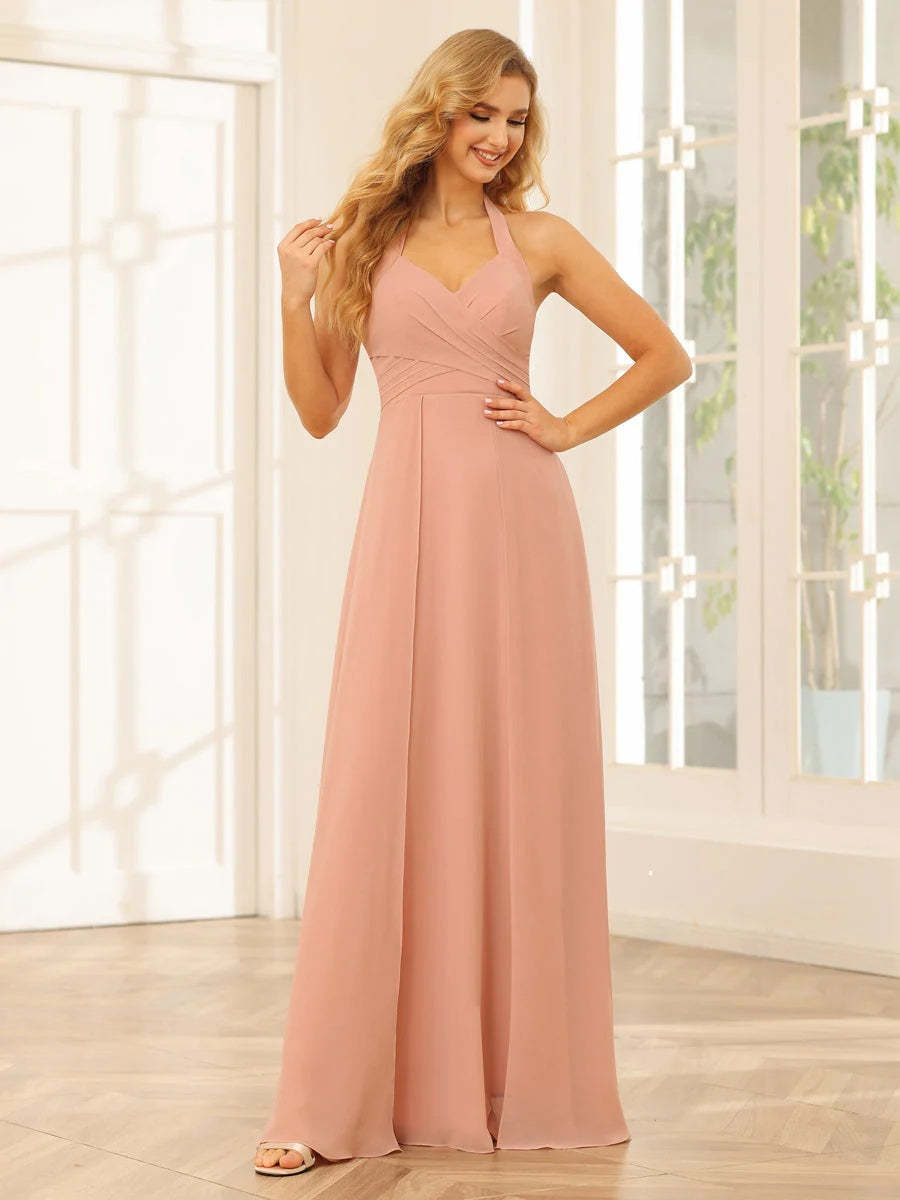 Floor-Length Halter Bridesmaid Dresses with Side Split in A-Line/Princess Style