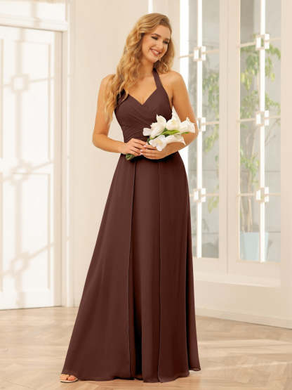 Floor-Length Halter Bridesmaid Dresses with Side Split in A-Line/Princess Style