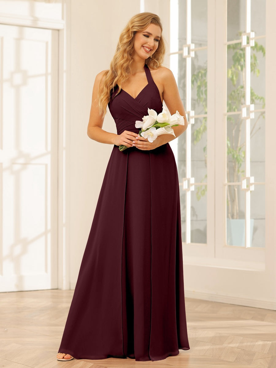 Floor-Length Halter Bridesmaid Dresses with Side Split in A-Line/Princess Style
