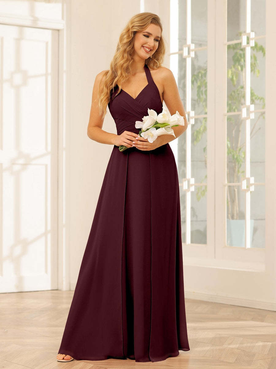 Floor-Length Halter Bridesmaid Dresses with Side Split in A-Line/Princess Style