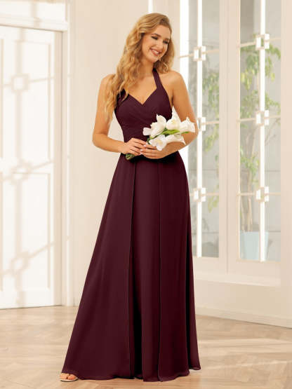 Floor-Length Halter Bridesmaid Dresses with Side Split in A-Line/Princess Style