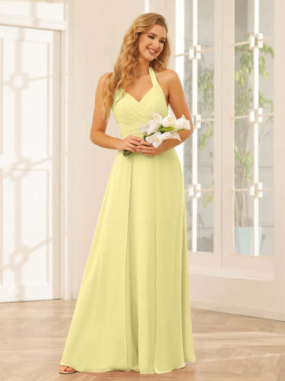 Floor-Length Halter Bridesmaid Dresses with Side Split in A-Line/Princess Style