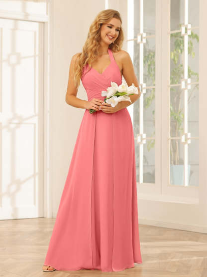 Floor-Length Halter Bridesmaid Dresses with Side Split in A-Line/Princess Style