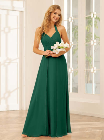 Floor-Length Halter Bridesmaid Dresses with Side Split in A-Line/Princess Style