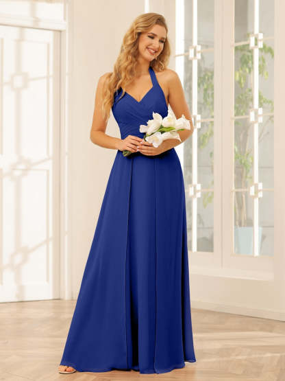 Floor-Length Halter Bridesmaid Dresses with Side Split in A-Line/Princess Style