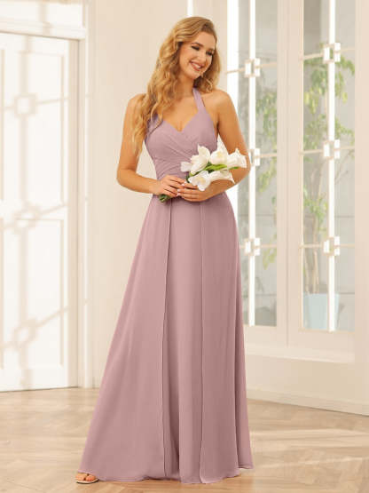 Floor-Length Halter Bridesmaid Dresses with Side Split in A-Line/Princess Style