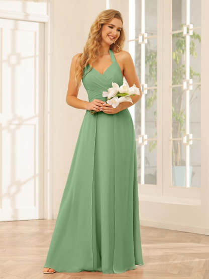 Floor-Length Halter Bridesmaid Dresses with Side Split in A-Line/Princess Style