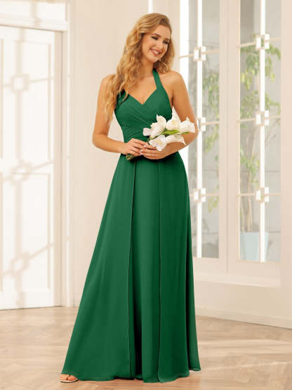 Floor-Length Halter Bridesmaid Dresses with Side Split in A-Line/Princess Style