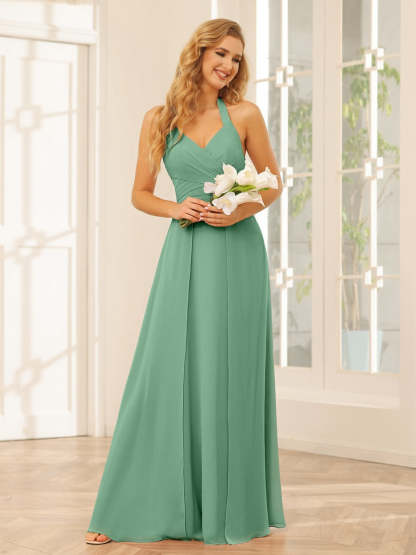 Floor-Length Halter Bridesmaid Dresses with Side Split in A-Line/Princess Style