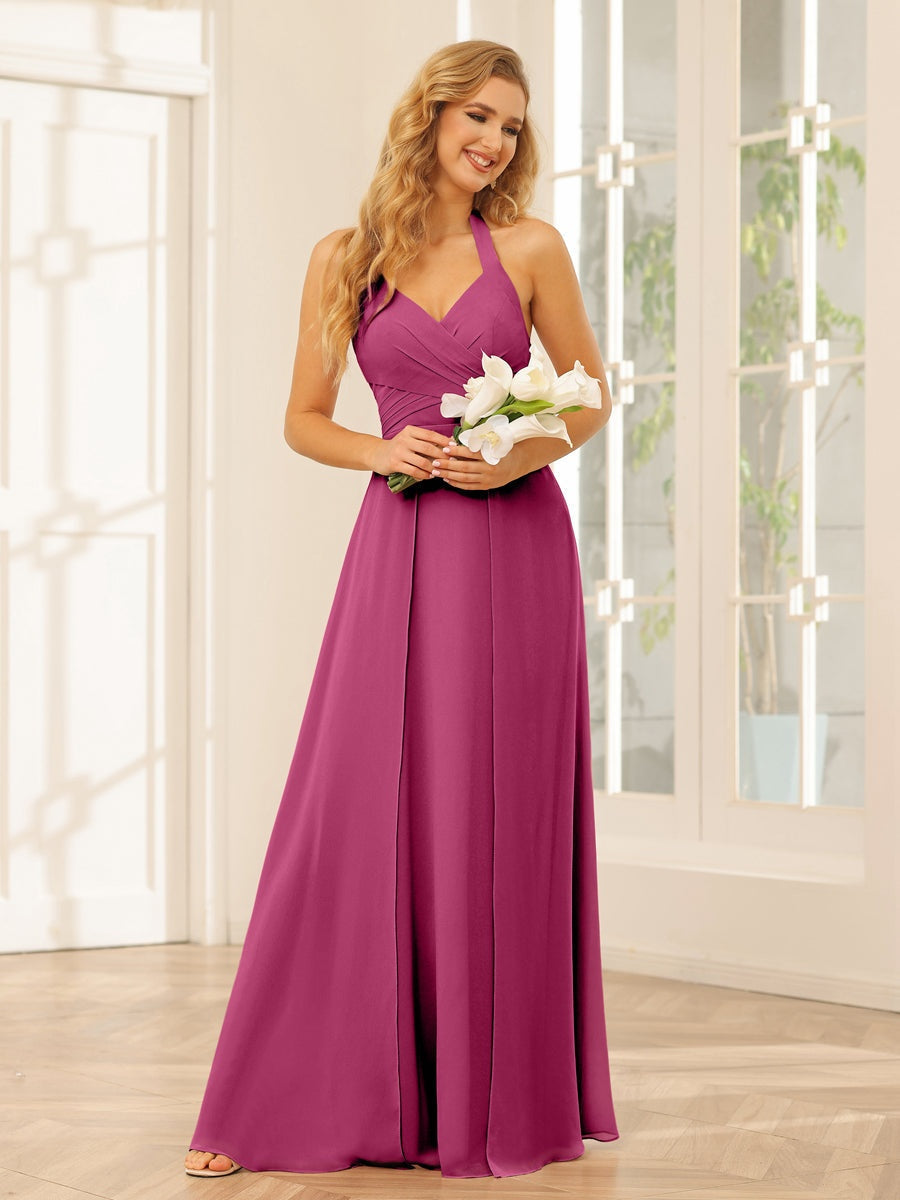Floor-Length Halter Bridesmaid Dresses with Side Split in A-Line/Princess Style