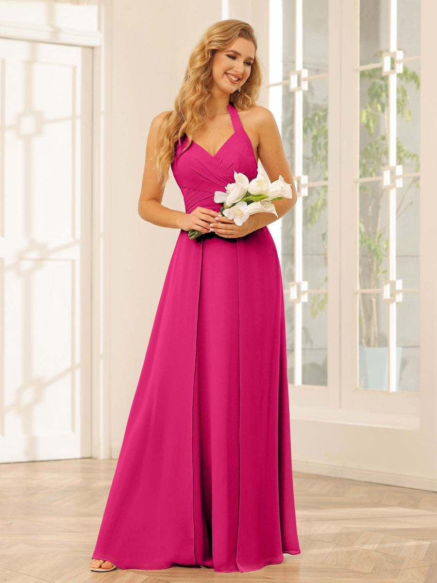 Floor-Length Halter Bridesmaid Dresses with Side Split in A-Line/Princess Style