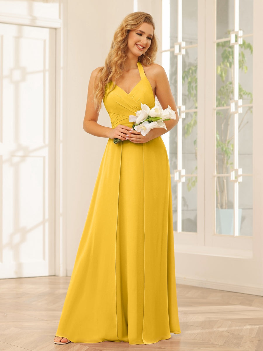 Floor-Length Halter Bridesmaid Dresses with Side Split in A-Line/Princess Style